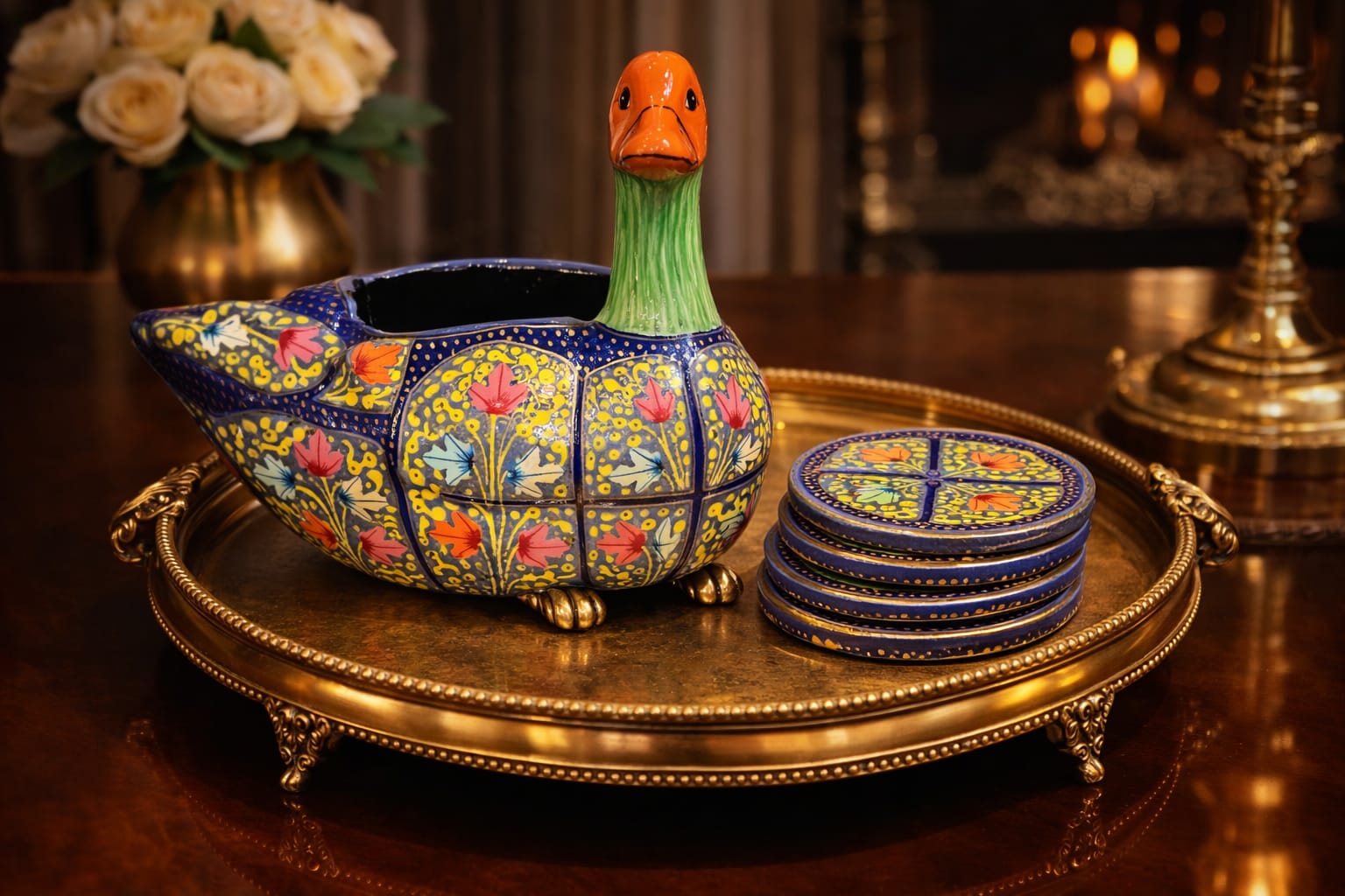 Paper Mache Coaster Set ( 6 coasters ) with elegant paper mache duck . Handmade Kashmiri Paper Mache sculpture